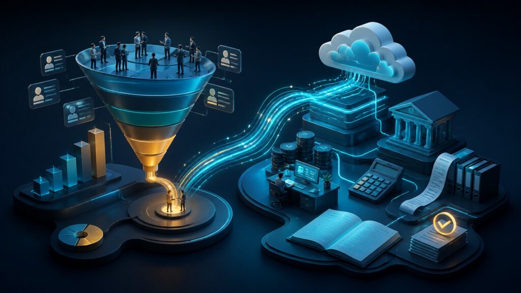 Editorial business scene illustrating sales pipeline software and cloud accounting software