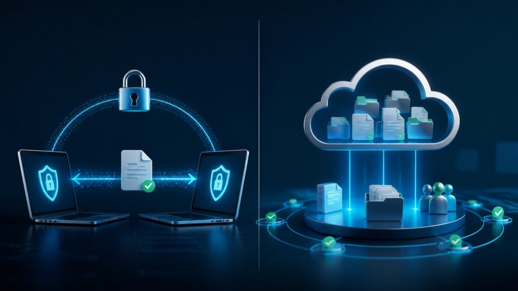 Editorial business scene illustrating secure file sharing platforms and cloud document management systems