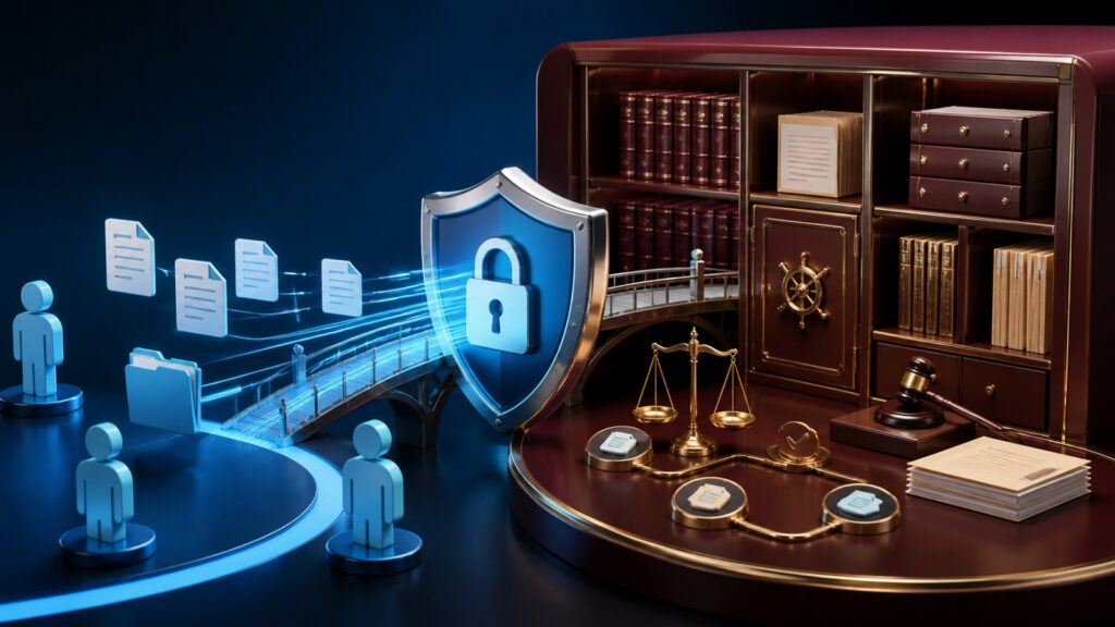 Editorial business scene illustrating secure file sharing platforms and legal document management software