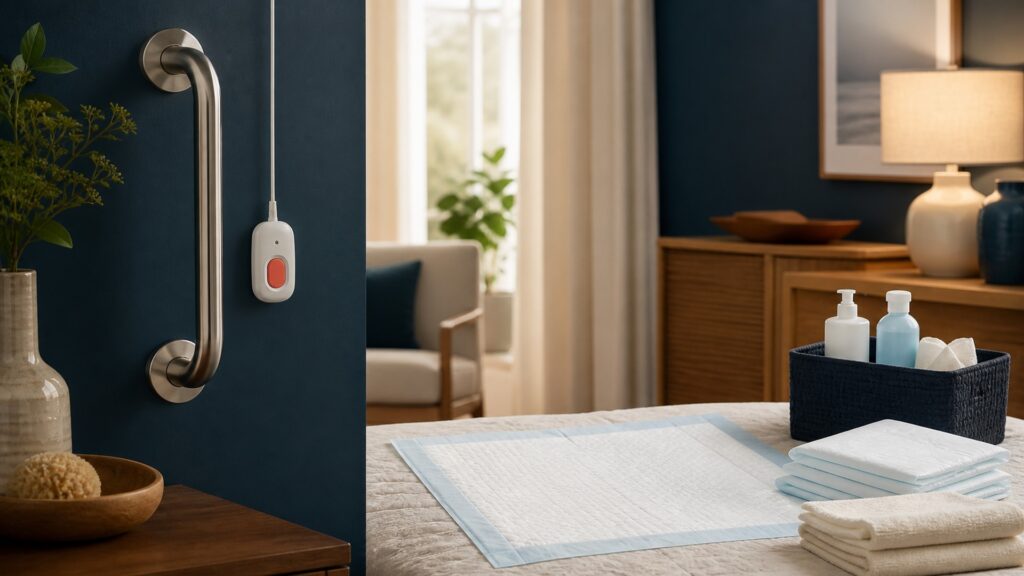 People-free editorial still life illustrating fall and emergency safeguards contrasted with continence care