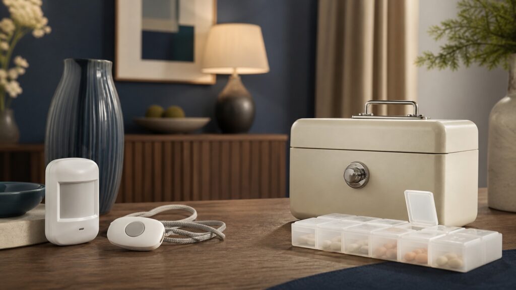 People-free editorial still life illustrating home risk monitoring contrasted with medicine control