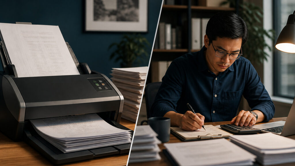Editorial business scene illustrating sheetfed document scanners and freelancer accounting software