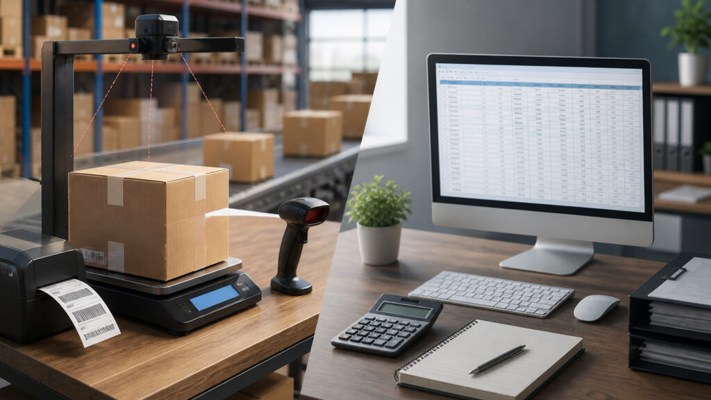 Editorial business scene illustrating shipping hardware and accounting software