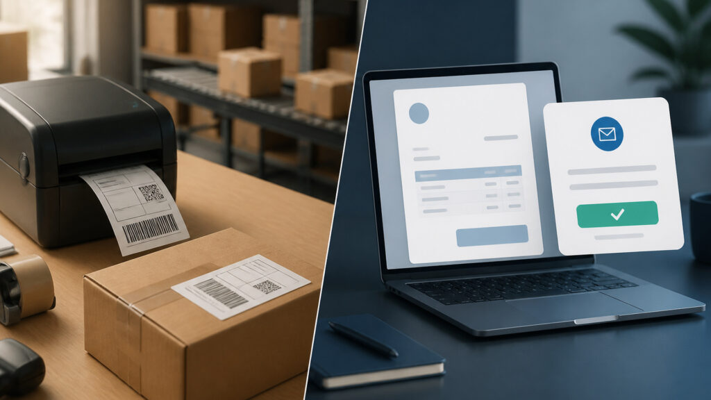 Editorial business scene illustrating shipping hardware and invoicing software