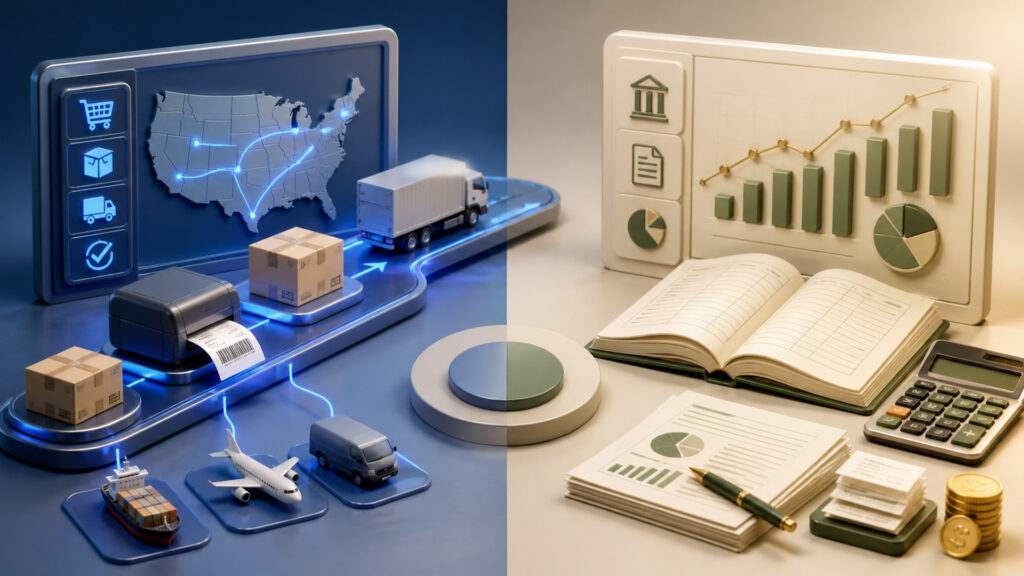 Editorial business scene illustrating shipping software and accounting software