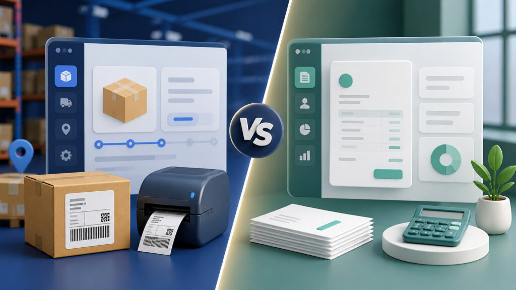 Editorial business scene illustrating shipping software and invoicing software