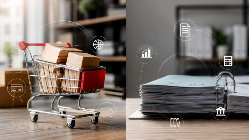 Editorial business scene illustrating shopping cart software and accounting software