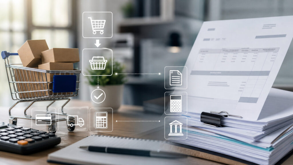 Editorial business scene illustrating shopping cart software and invoicing software