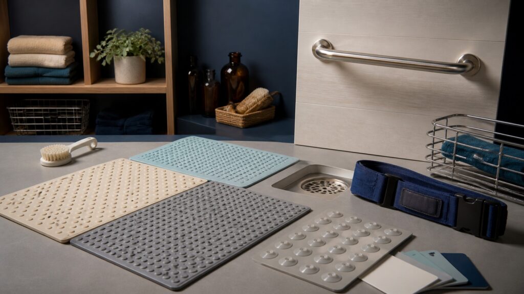People-free editorial still life illustrating fixed shower-floor friction contrasted with a caregiver handhold for a planned transfer