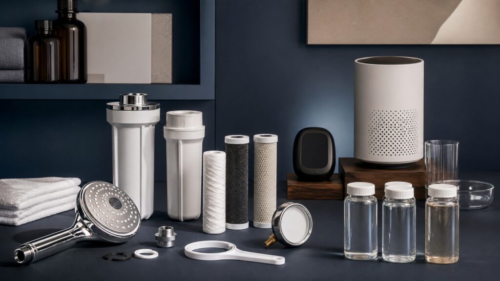 People-free editorial still life illustrating water-fixture treatment contrasted with pollutant sensor trends