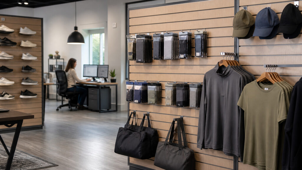 Editorial business scene illustrating slatwall display systems and cloud accounting software