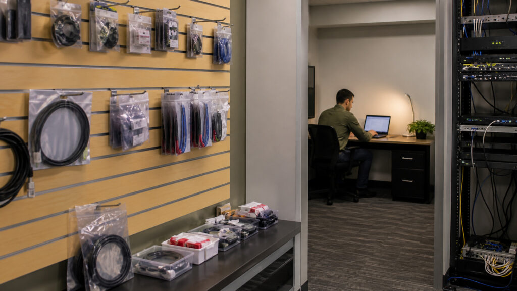 Editorial business scene illustrating slatwall display systems and freelancer accounting software