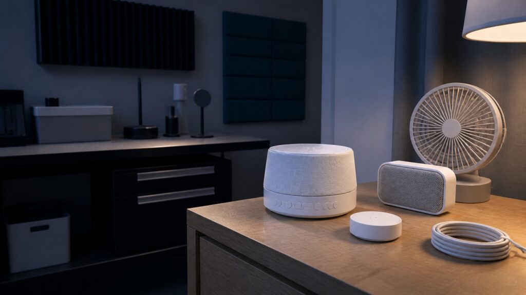 People-free editorial still life illustrating bedtime audio cues versus prescribed therapeutic input