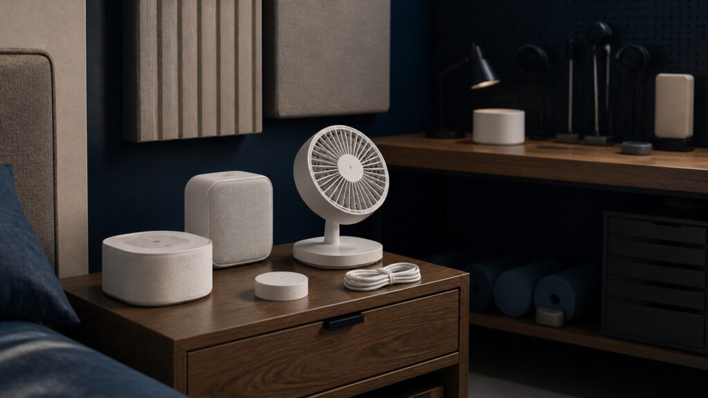 People-free editorial still life illustrating audible routines versus passive sensor estimates