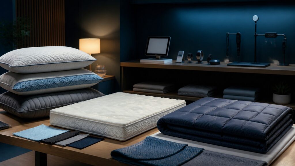 People-free editorial still life illustrating physical comfort interface versus algorithmic nightly data