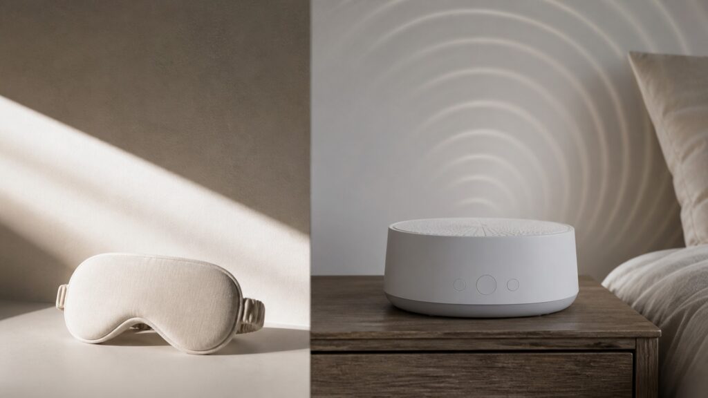 People-free editorial still life illustrating sleep masks different from white noise machines