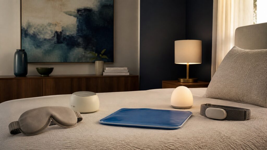 People-free editorial still life illustrating bedroom sensory inputs versus neural protocols