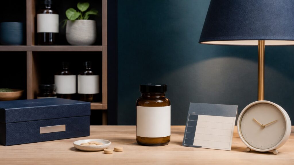 People-free editorial still life illustrating bedtime timing and next-day alertness versus gastrointestinal response