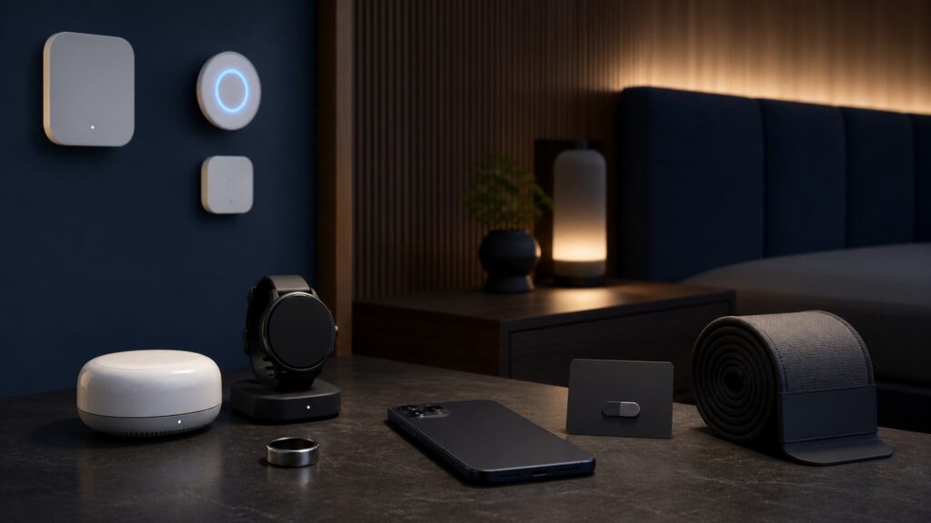 People-free editorial still life illustrating sleep inference versus room condition equipment