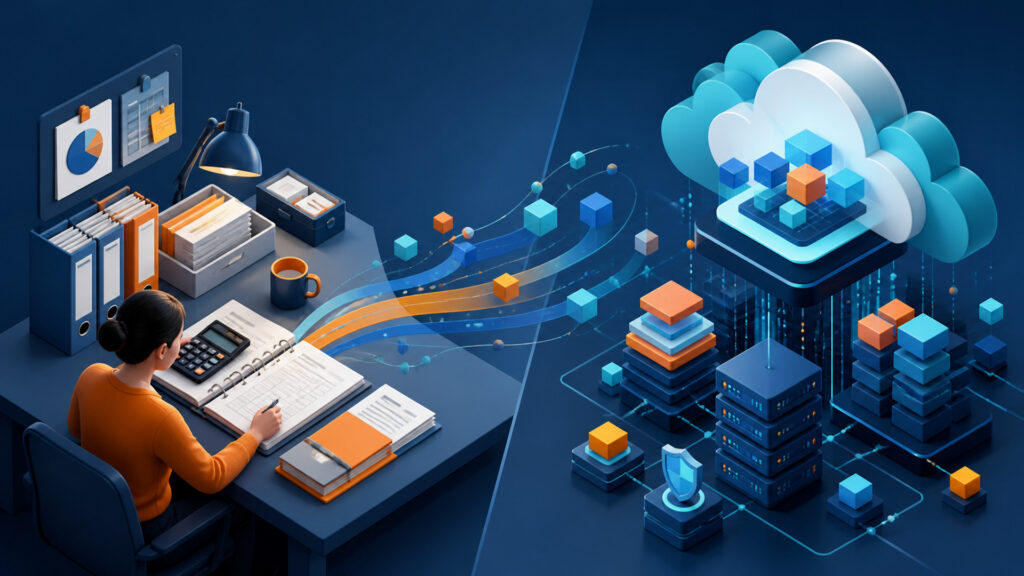 Editorial business scene illustrating small business bookkeeping software and cloud accounting software