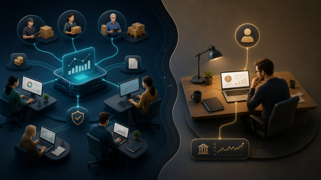 Editorial business scene illustrating small business bookkeeping software and freelancer accounting software