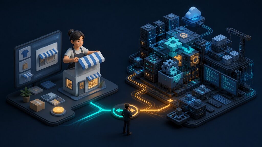 Editorial business scene illustrating small business ecommerce platforms and open source ecommerce platforms