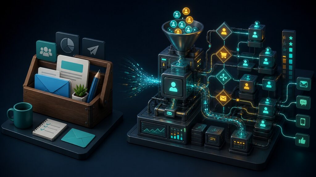 Editorial business scene illustrating small business email marketing software and marketing automation platforms