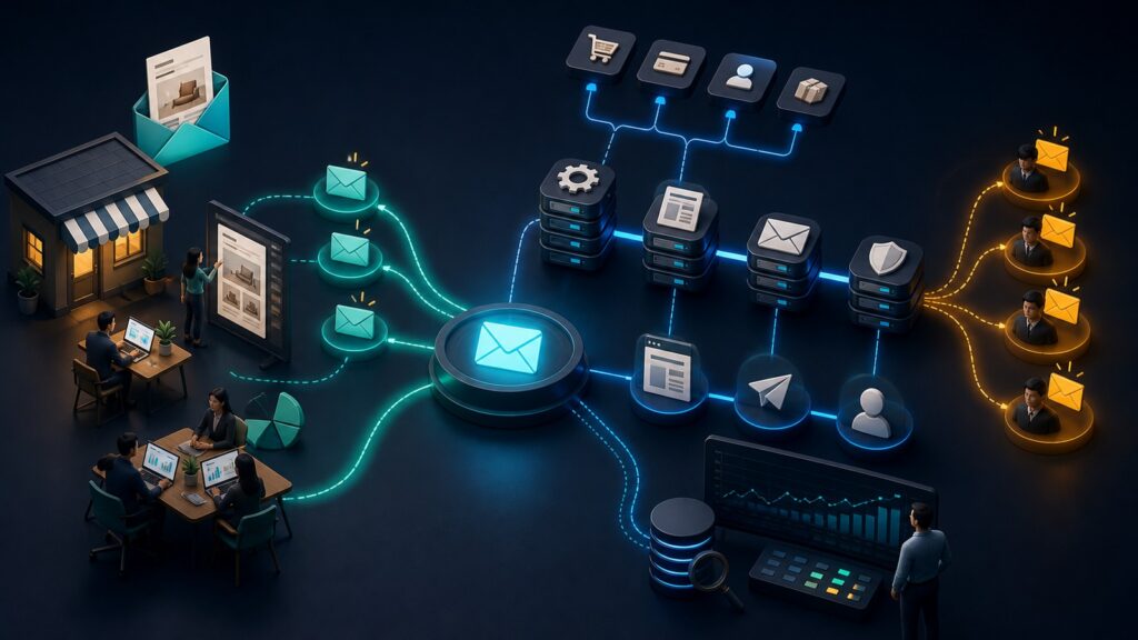 Editorial business scene illustrating small business email marketing software and transactional email platforms