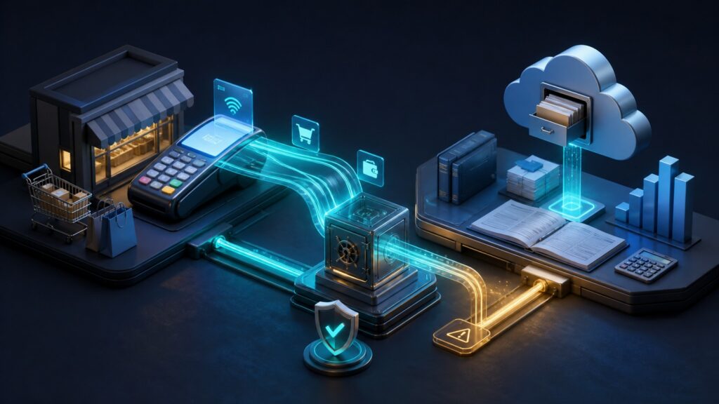 Editorial business scene illustrating small business merchant accounts and cloud accounting software
