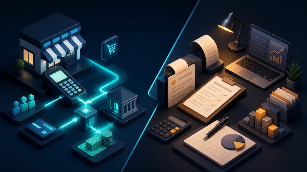 Editorial business scene illustrating small business merchant accounts and freelancer accounting software