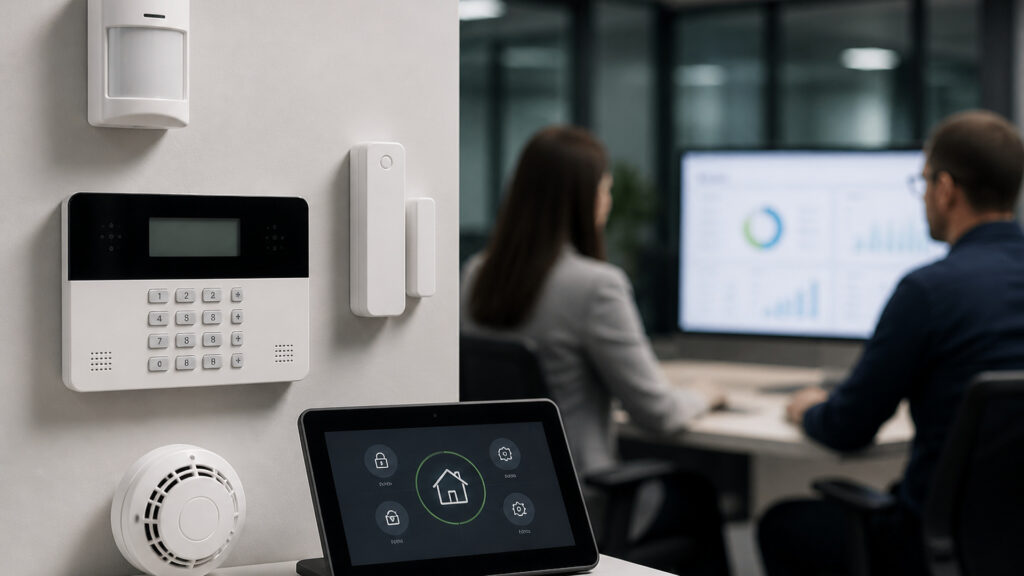 Editorial business scene illustrating smart business alarm systems and cloud accounting software