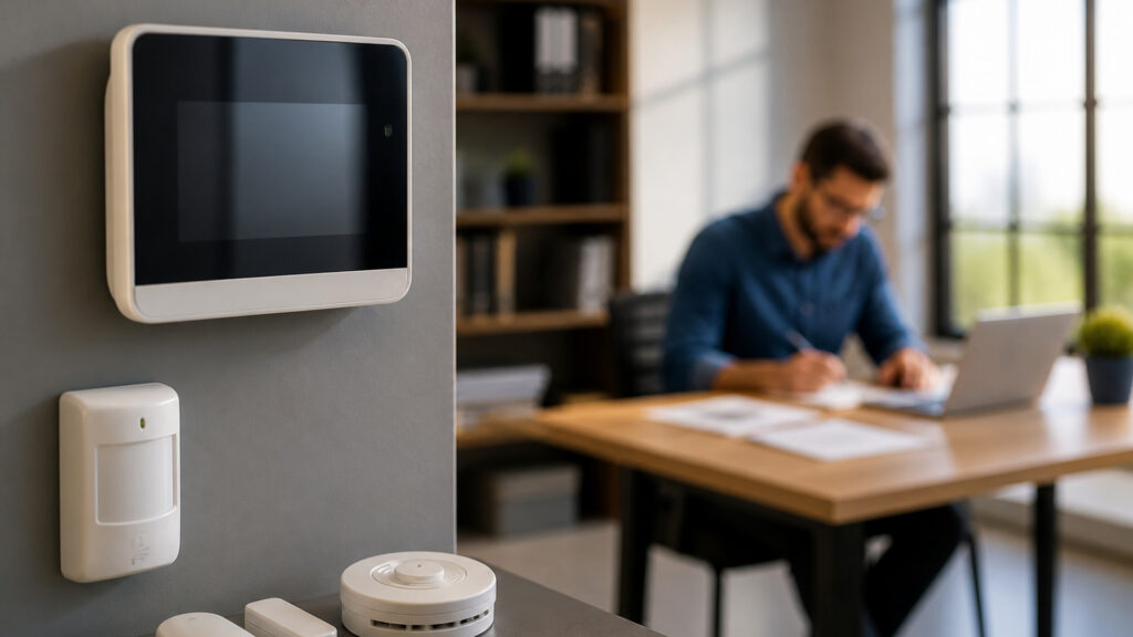 Editorial business scene illustrating smart business alarm systems and freelancer accounting software