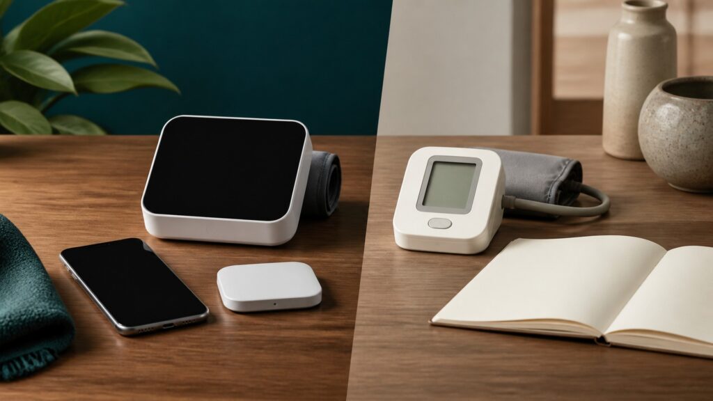People-free comparison of connected health monitor with blank app screen and traditional standalone monitor on a home desk