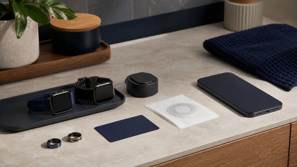 People-free editorial still life illustrating connected health feature set versus activity-focused tracking