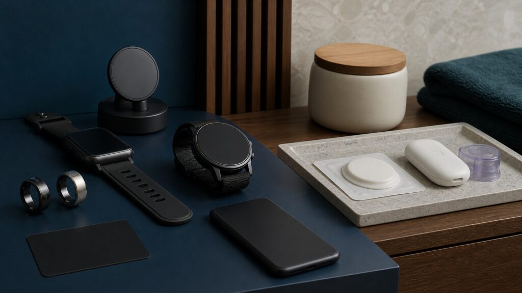 People-free editorial still life illustrating multipurpose wearable platform versus glucose-specific system