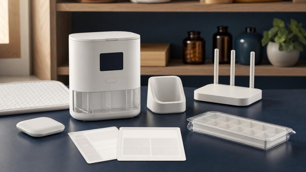 People-free editorial still life illustrating connected medication management contrasted with infant monitoring signals