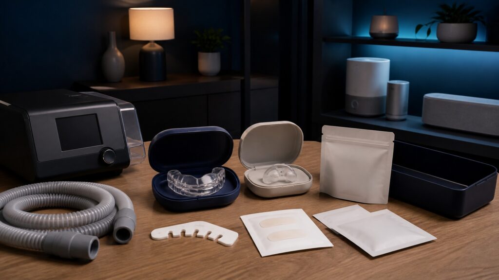 People-free editorial still life illustrating airway-focused equipment versus ambient room controls