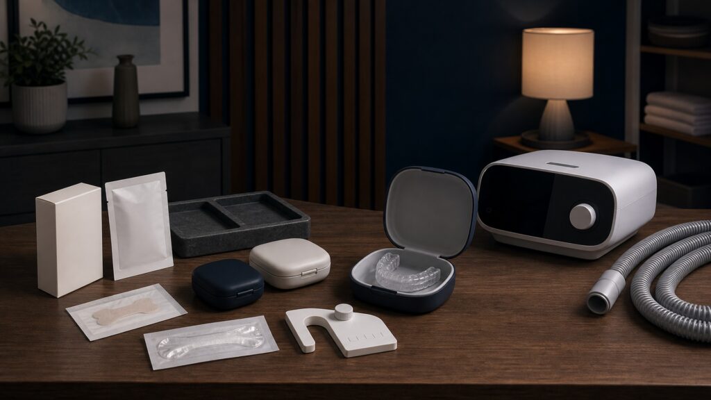 People-free editorial still life illustrating snoring-breathing hardware within the therapy boundary