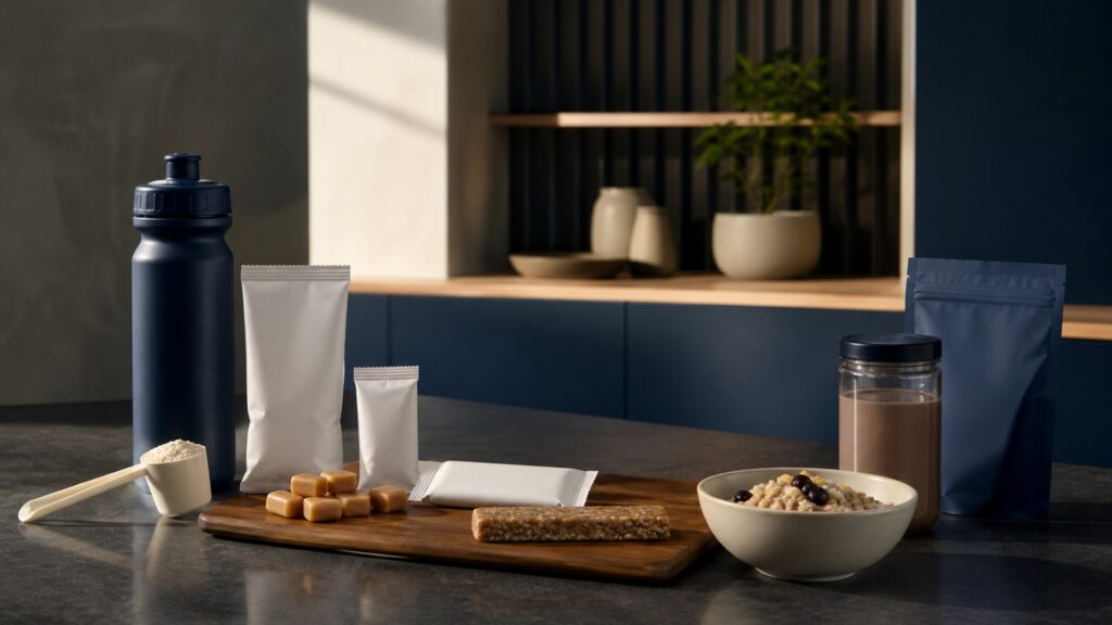 People-free editorial still life illustrating competition feeding module versus complete packaged serving
