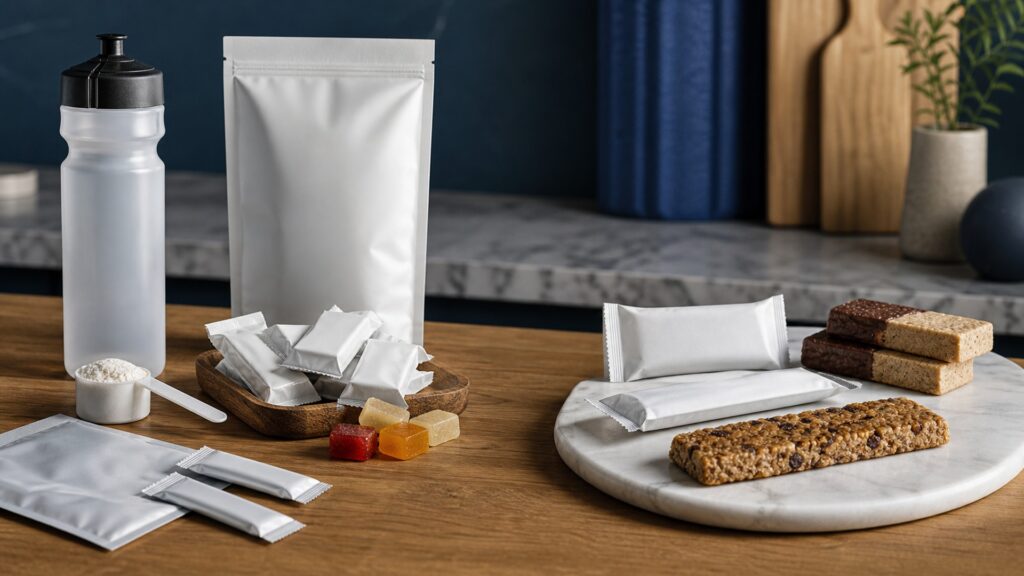 People-free editorial still life illustrating exercise-specific formulation versus general snack
