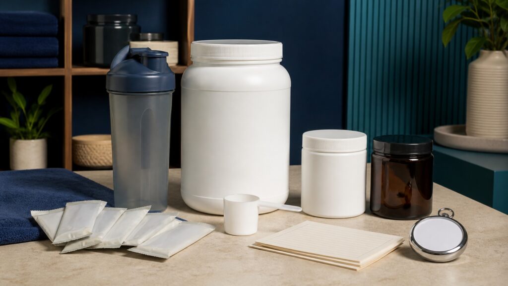 People-free editorial still life illustrating exercise substrate hydration and recovery versus digestive ingredient targets