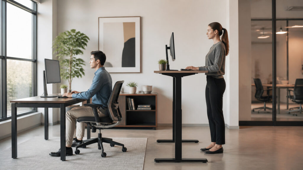 Editorial business scene illustrating standing desks and traditional desks
