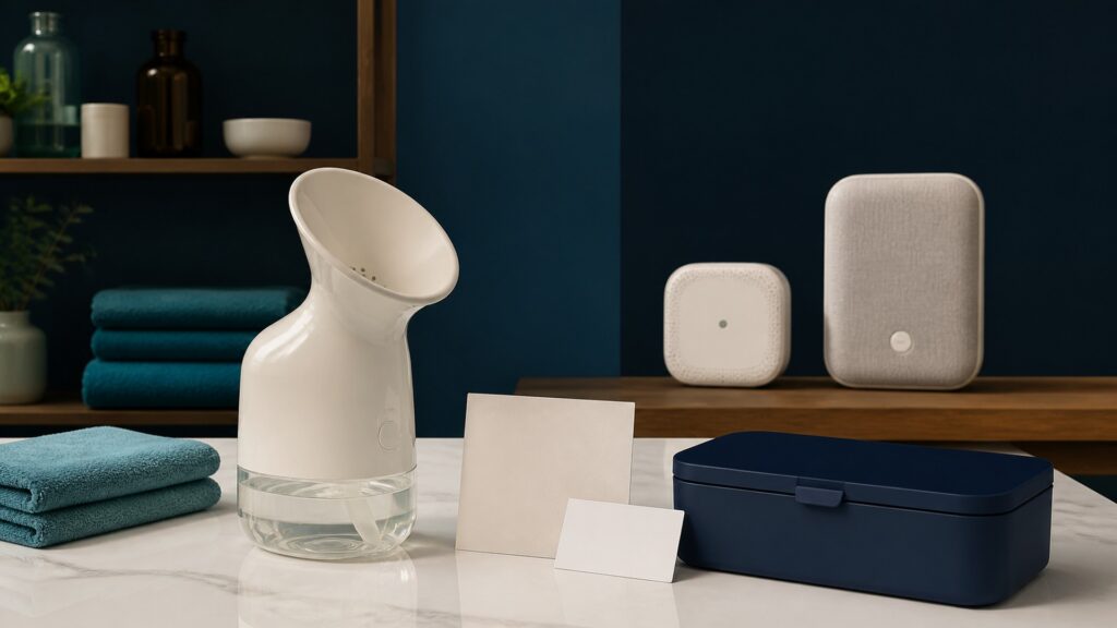 People-free editorial still life illustrating personal heated-moisture use contrasted with environmental sensor readings