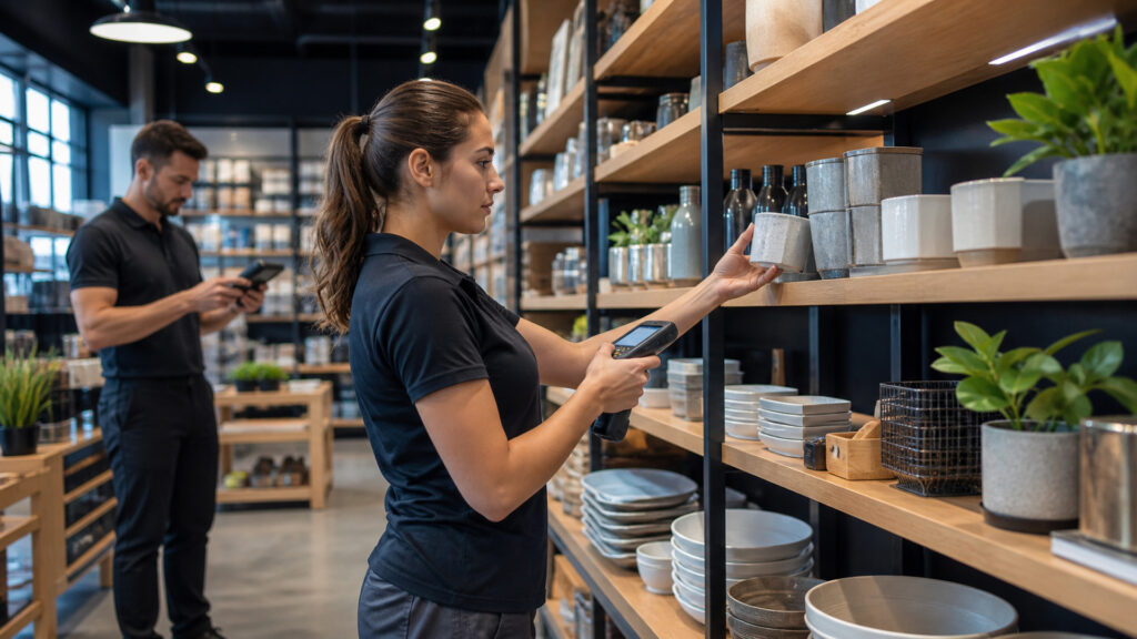 Editorial business scene illustrating store fixtures and barcode equipment