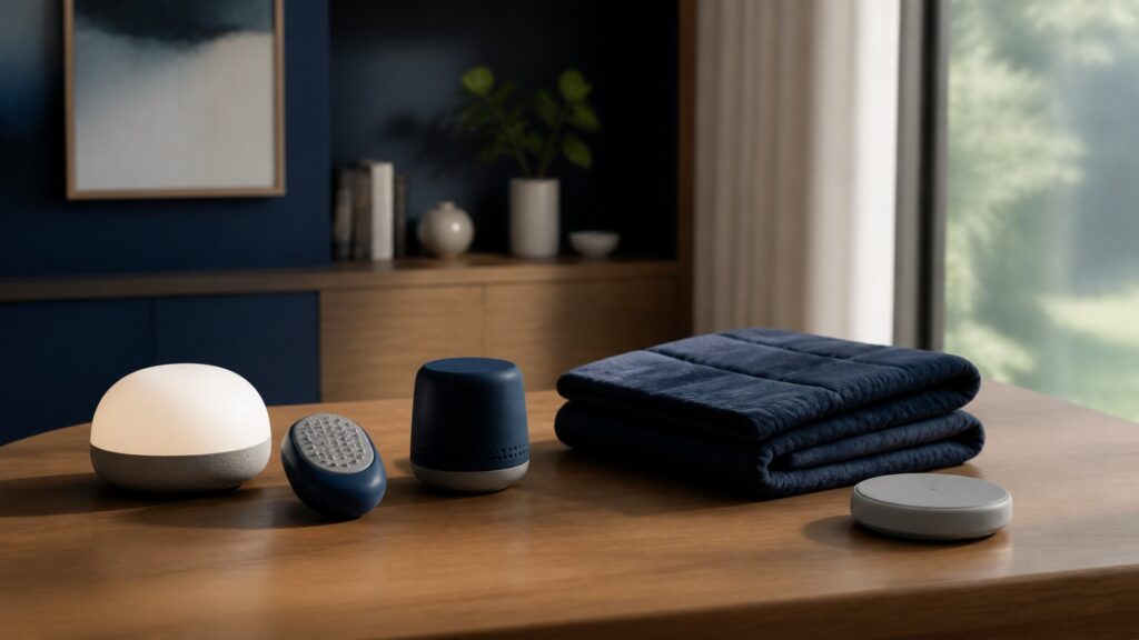 People-free editorial still life illustrating sensory calming session versus contemplative technique