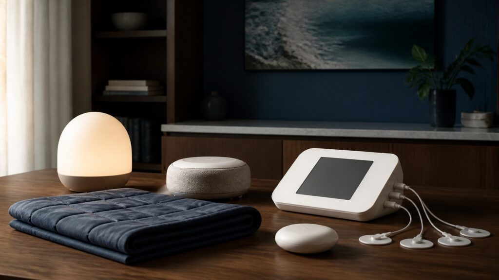People-free editorial still life illustrating comfort-oriented sensory input versus neural signal control