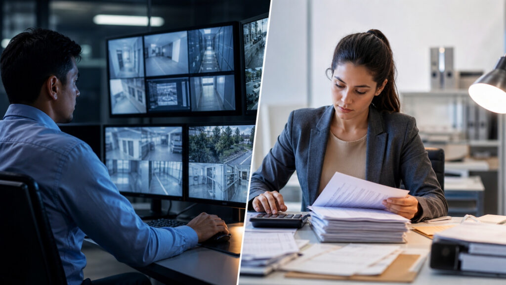 Editorial business scene illustrating surveillance systems and accounting software