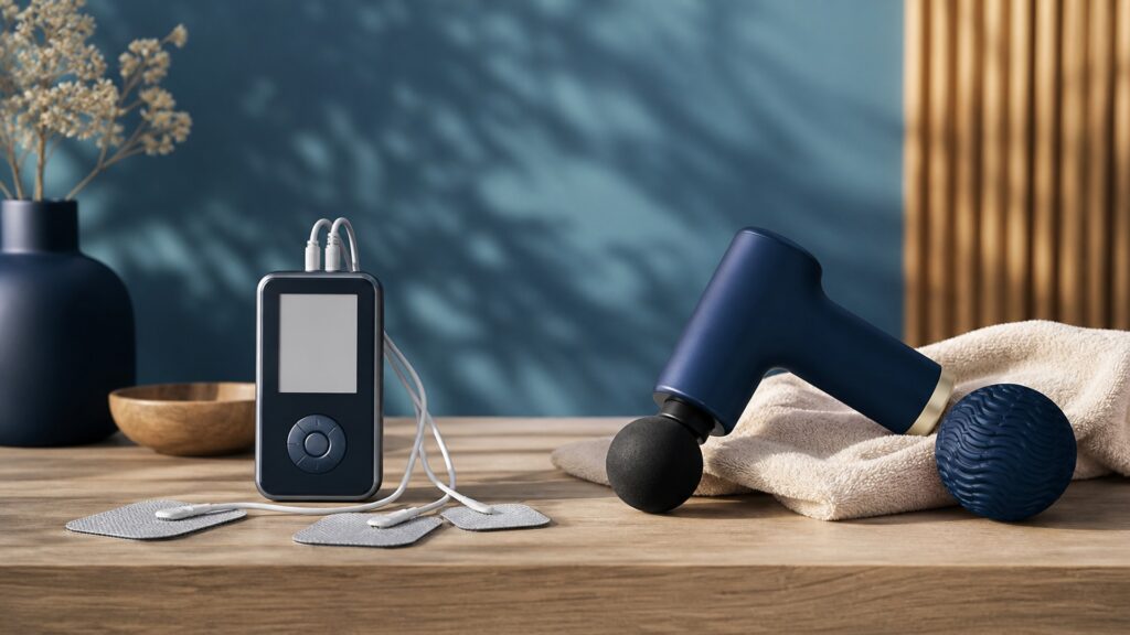 People-free editorial still life illustrating tens units different from massage devices