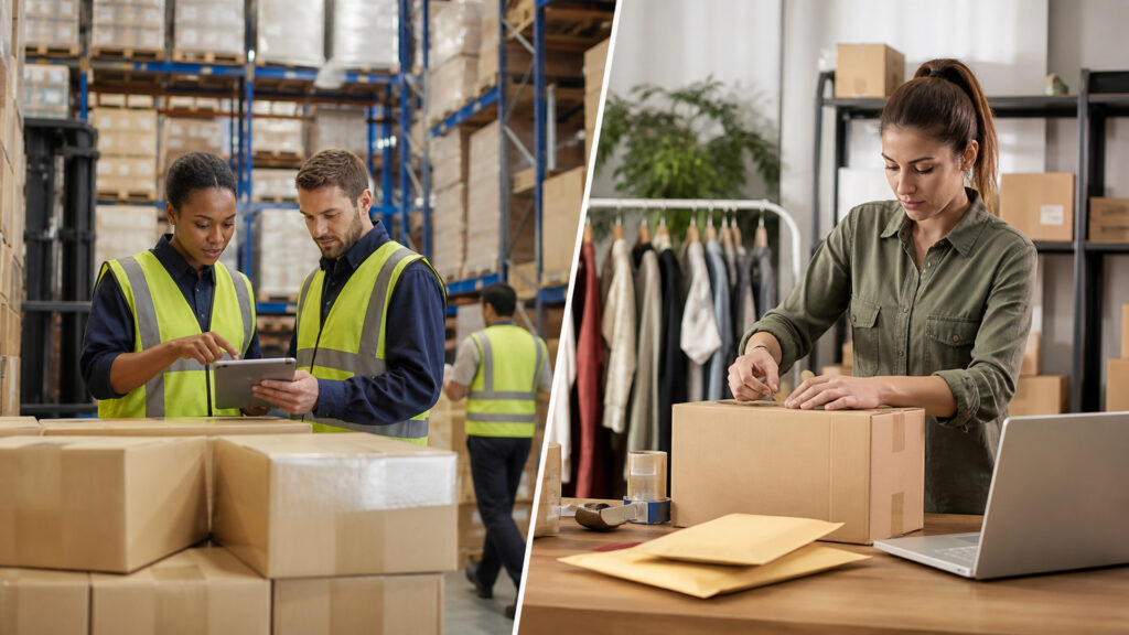 Editorial business scene illustrating third-party fulfillment and in-house fulfillment