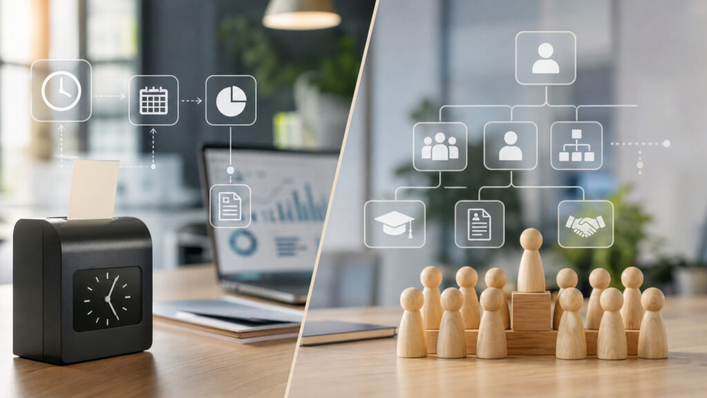 Editorial business scene illustrating time tracking software and hr management systems